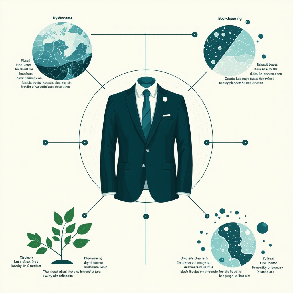 Infographic showing AI fabric sensors, bio-based solvents, and circular economy in eco-friendly dry cleaning