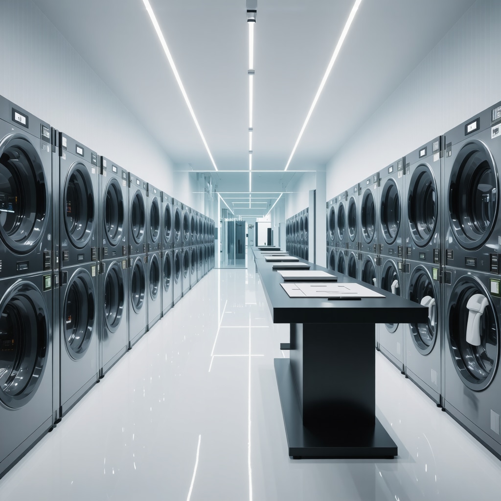 Modern dry cleaning machines using AI and eco-friendly solvents to clean delicate fabrics sustainably