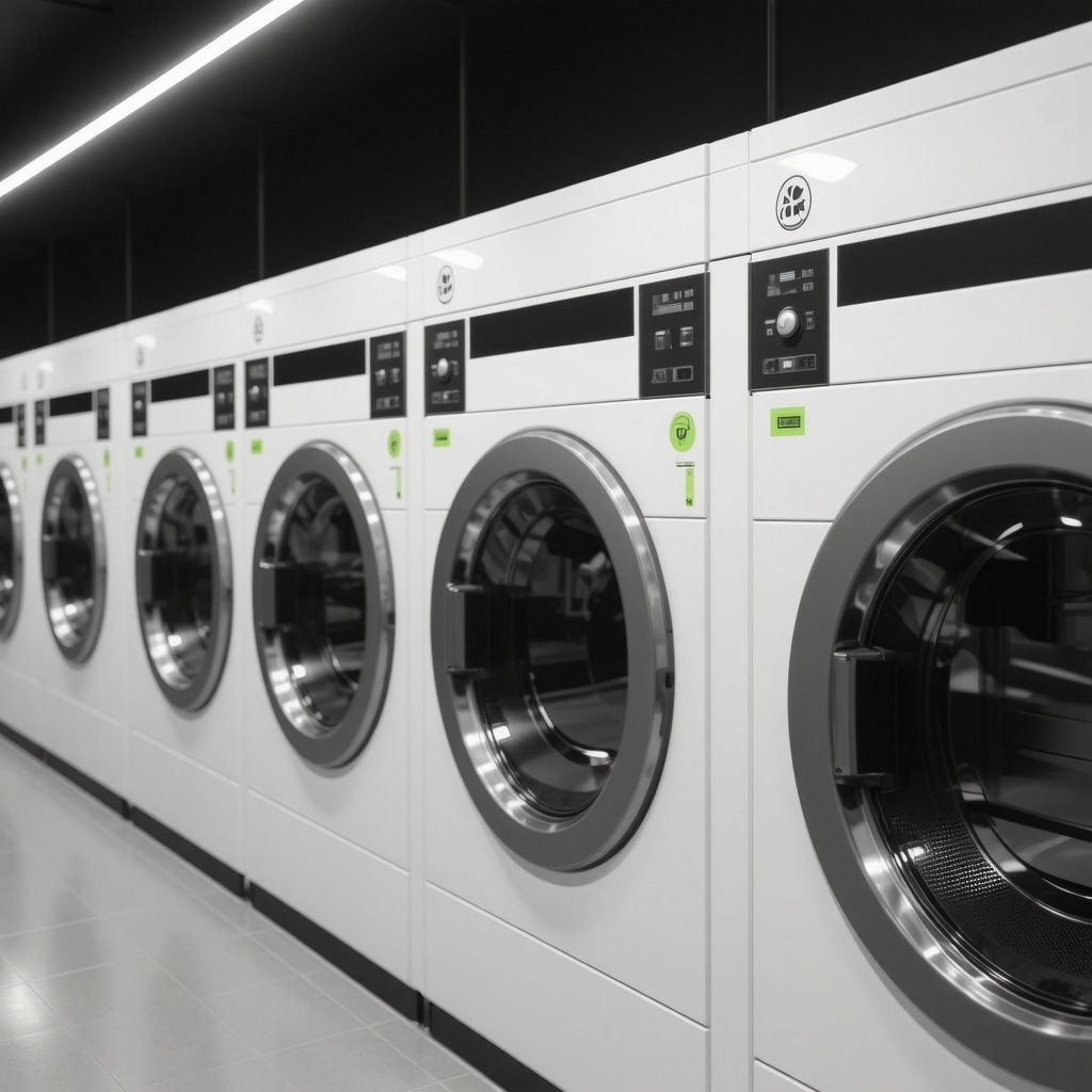Modern eco-friendly laundry facility with enzymatic cleaning and circular economy elements