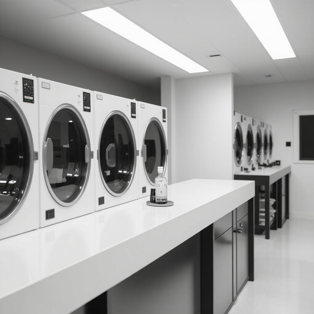 Bio-solvents and enzymatic cleaners at work in a high-tech hypoallergenic dry cleaning lab with smart textile sensors