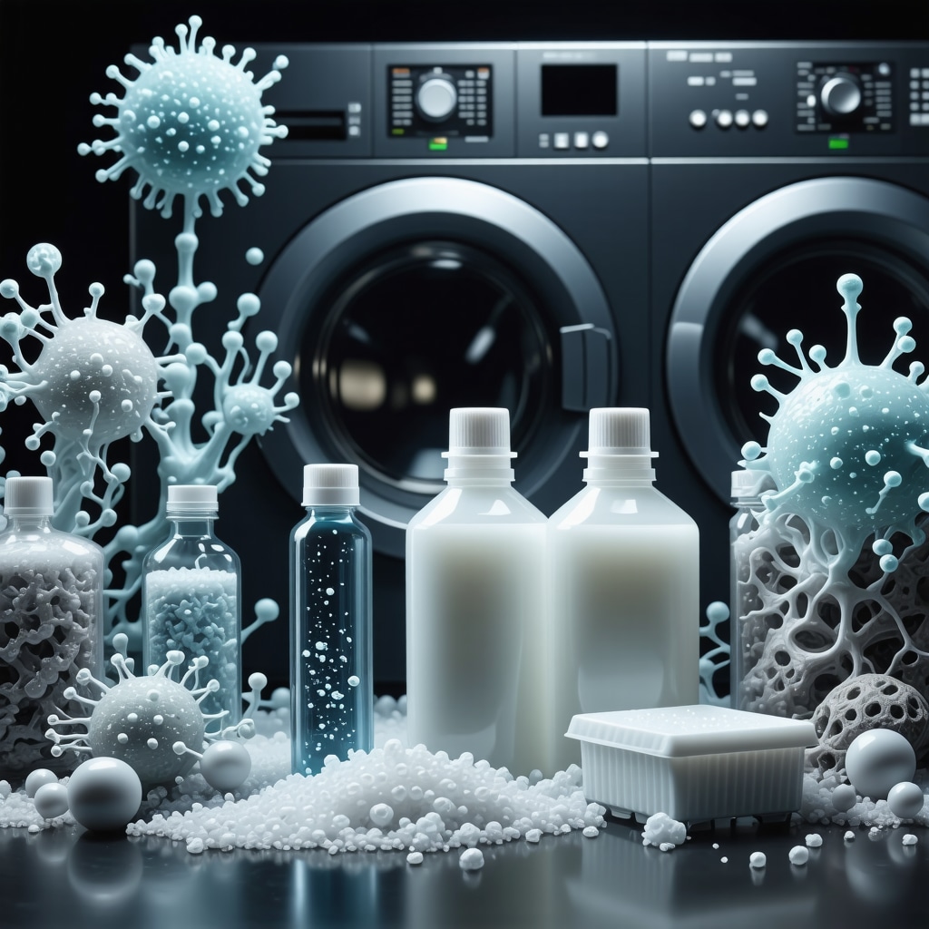 Laboratory scene showing enzymatic detergent molecules interacting with fabric fibers alongside eco-friendly laundry machines