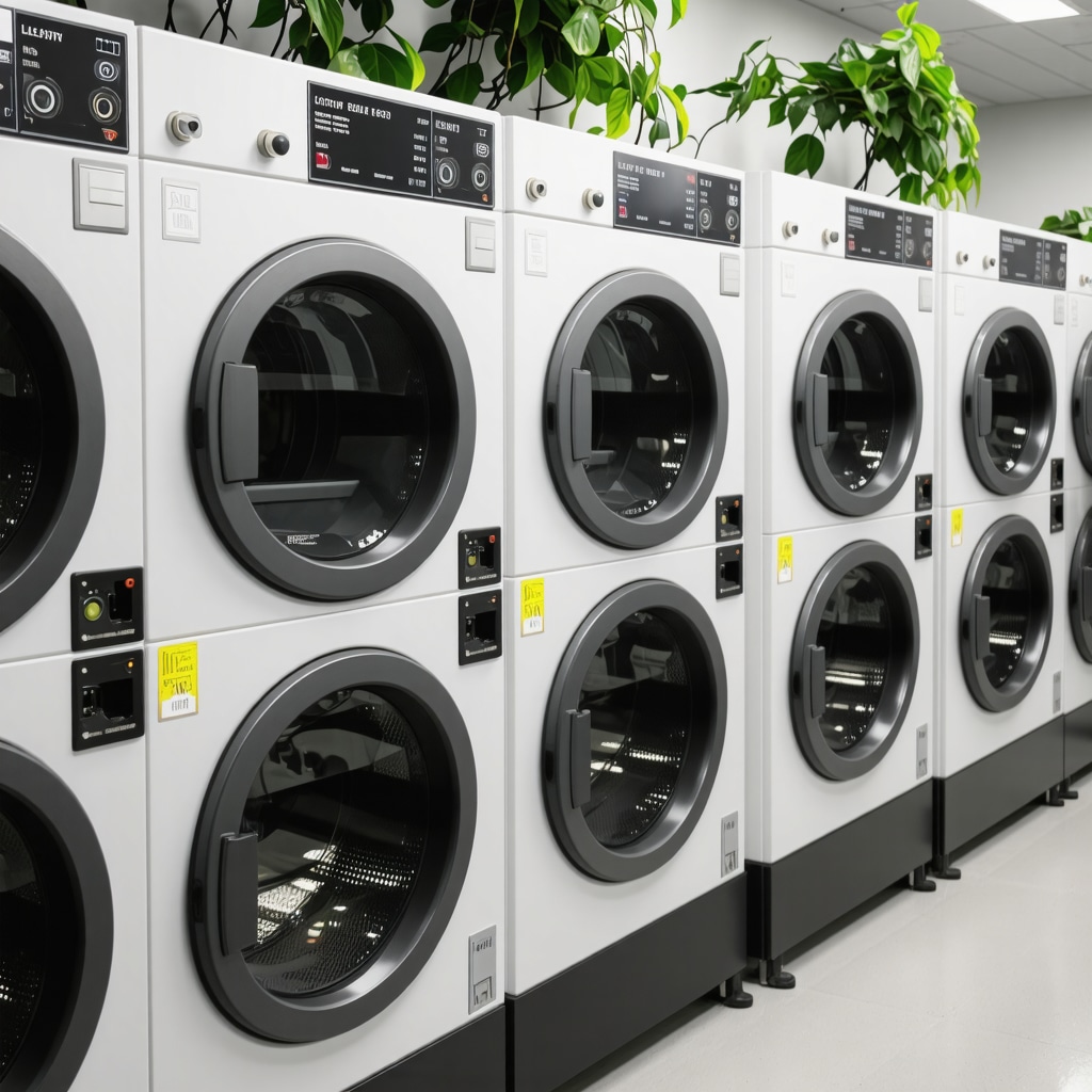 Eco-friendly dry cleaning machines equipped with IoT sensors and plant-based solvents in a Tampa facility