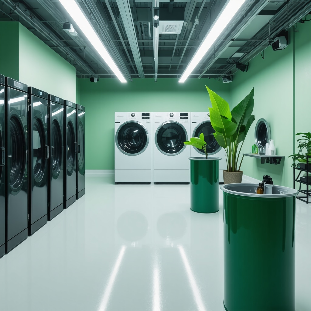 Chemical-free dry cleaning equipment and eco-friendly solvents in a modern facility