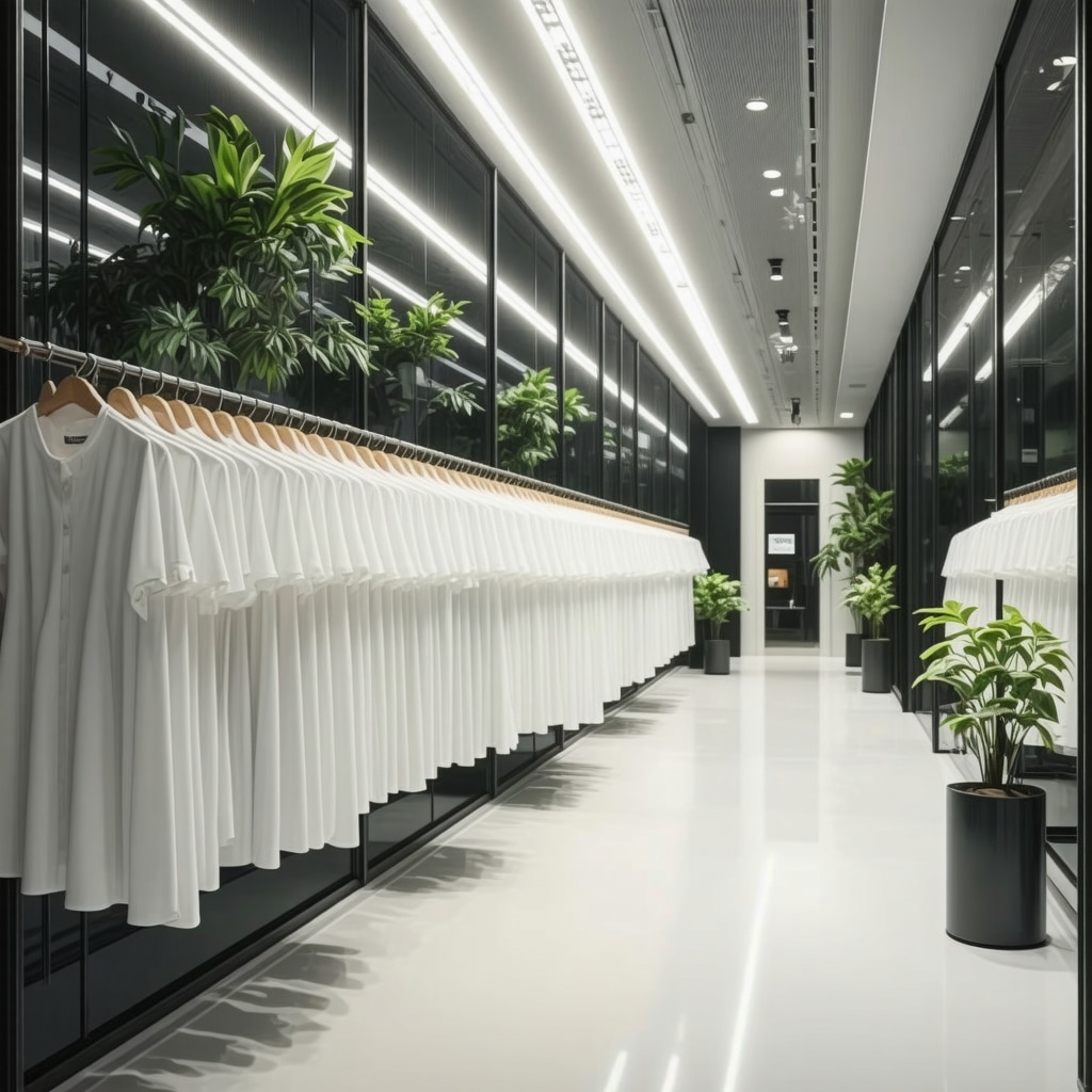 High-tech eco-friendly dry cleaning setup with plant-based solvent system and luxury garments