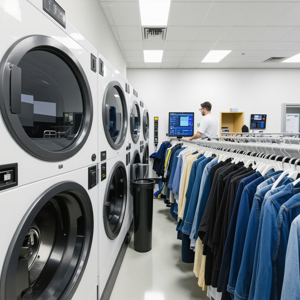 Interior of a modern dry cleaning facility in Tampa with IoT sensors and enzyme-based cleaning products visible, highlighting sustainable cruelty-free processes.