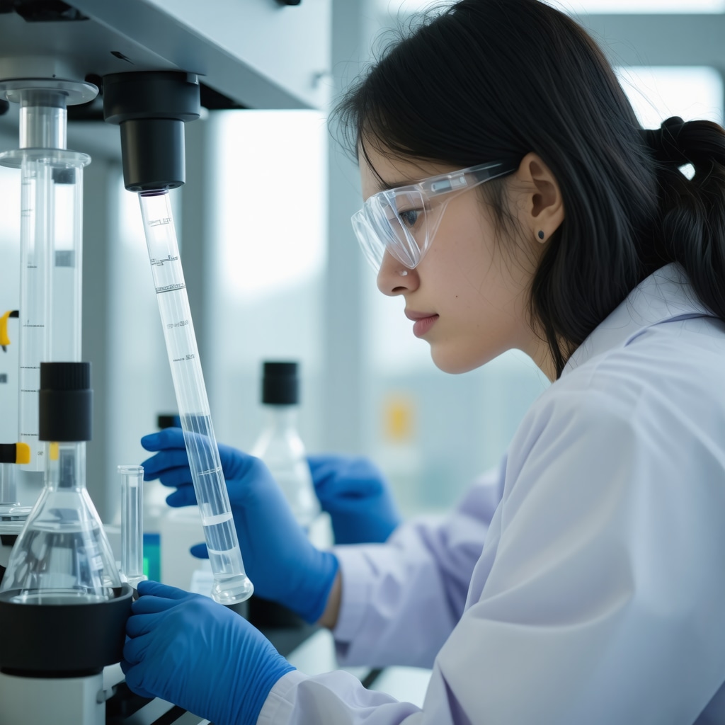 Scientist conducting gas chromatography on tallow-based detergent samples for quality assurance in eco dry cleaning