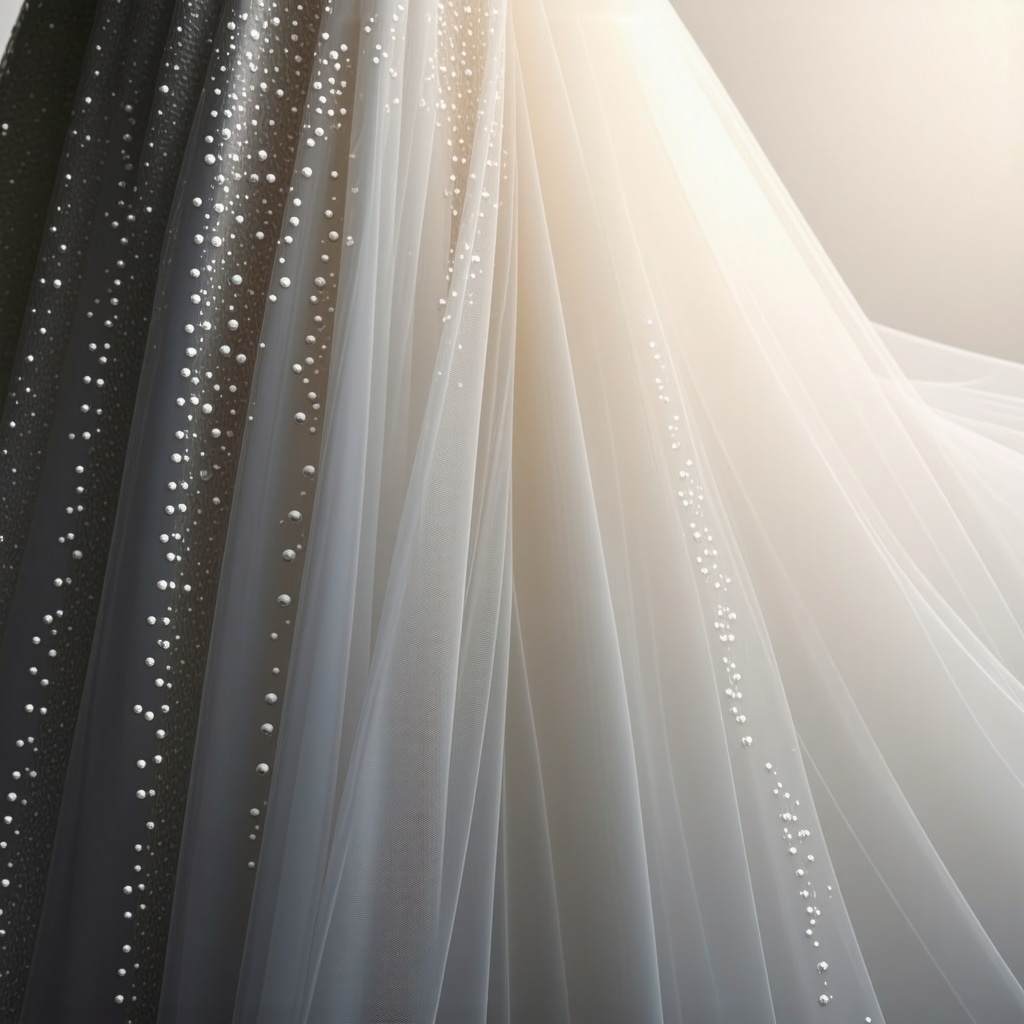 Microscopic close-up of delicate wedding dress fabric fibers being gently cleaned by enzymatic organic agents