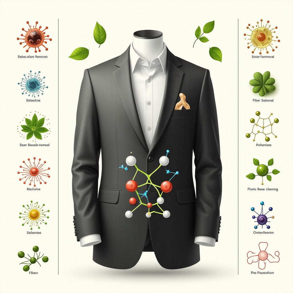 Infographic showing molecular interaction between plant-based solvents and textile fibers during organic dry cleaning