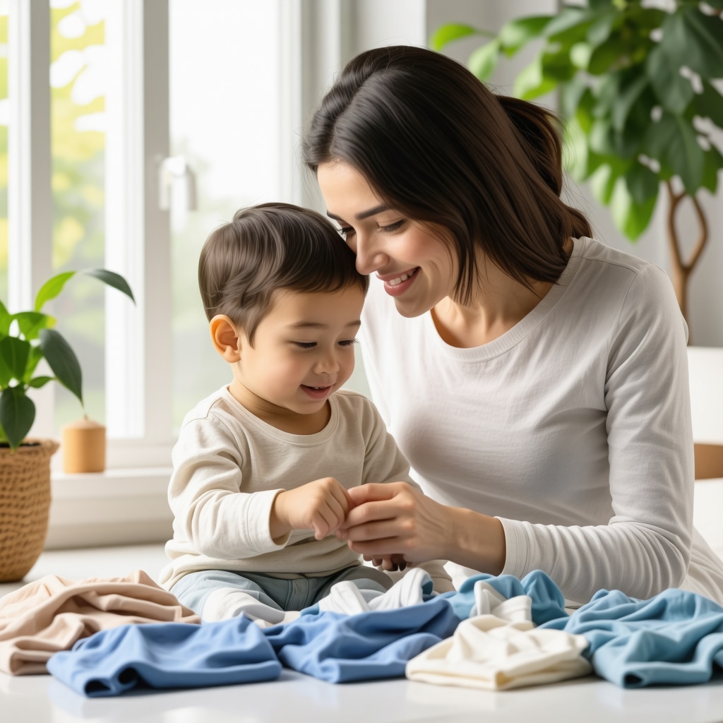 Parent and child looking at freshly cleaned children's clothes in an eco-friendly home setting