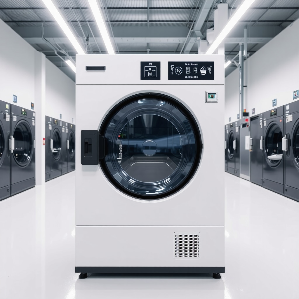 Advanced eco-friendly dry cleaning machine with digital sensors analyzing fabrics and using plant-based solvents and enzymes in a modern facility