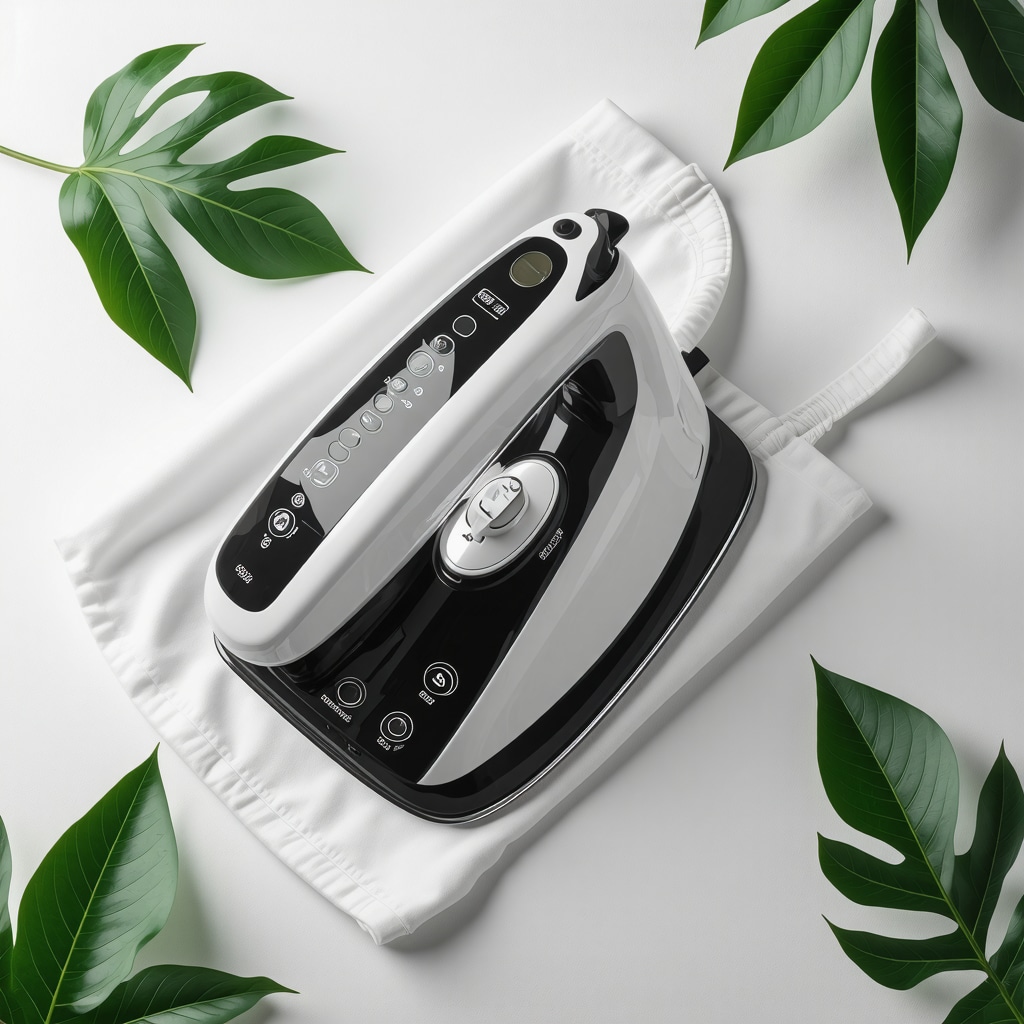 Modern smart iron featuring graphene soleplate and digital AI controls on eco-friendly fabric background
