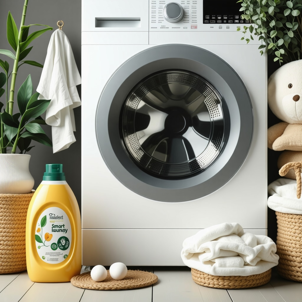 Smart washing machine display with eco-friendly detergents and delicate children's clothes made from organic fibers