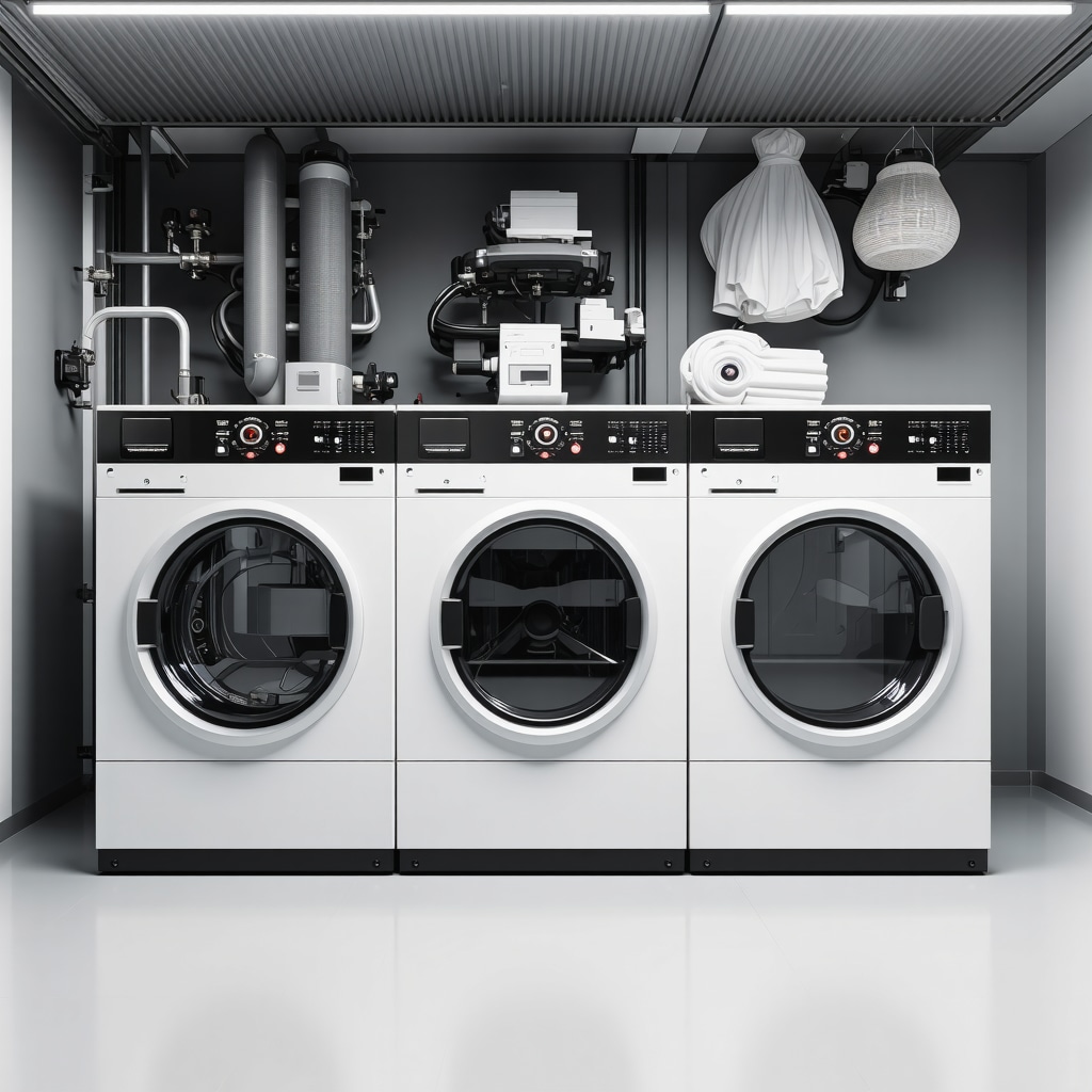 Interior of a futuristic eco-friendly dry cleaning plant with advanced sensors and filtration technology