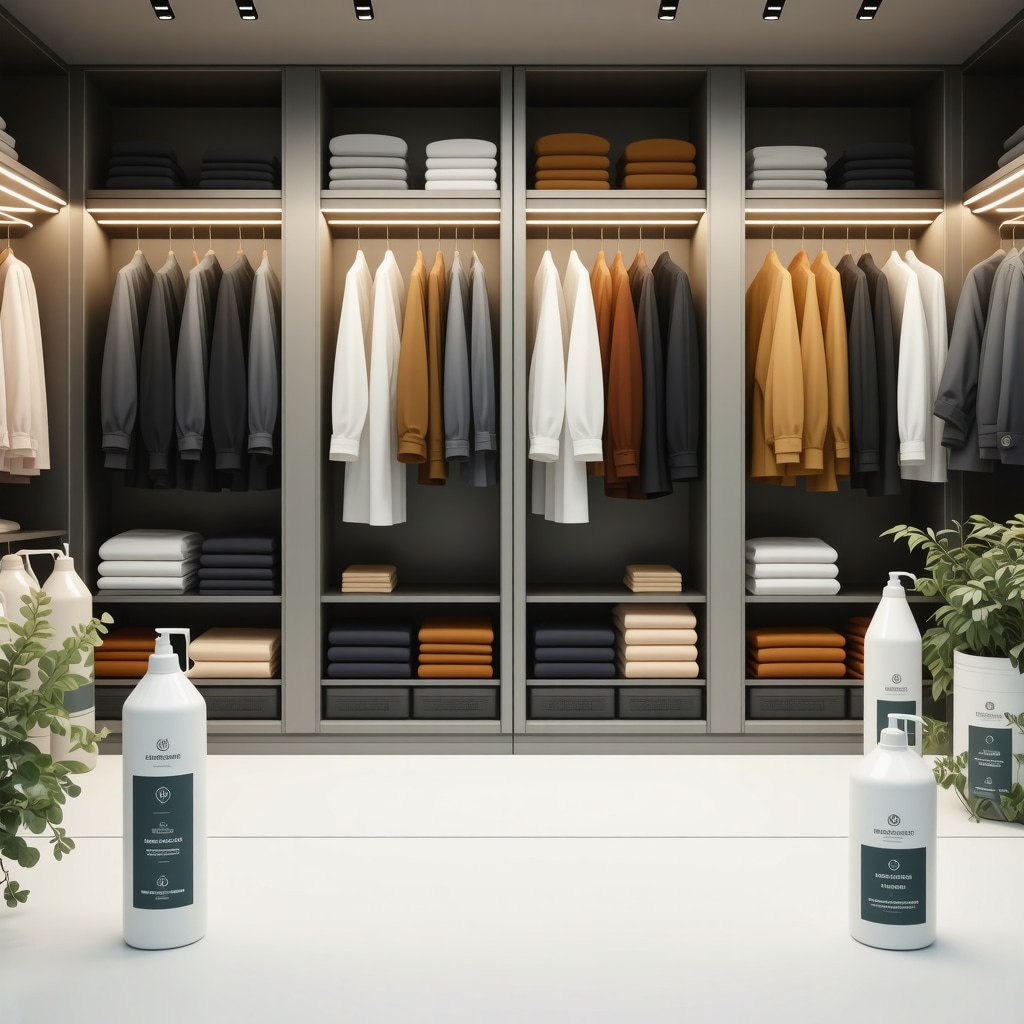 Advanced smart wardrobe showcasing microclimate control and eco-friendly cleaning products for garment preservation
