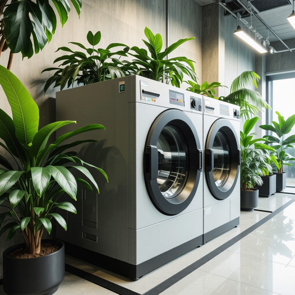 Supercritical CO2 dry cleaning machine surrounded by green plants representing sustainable advanced garment care