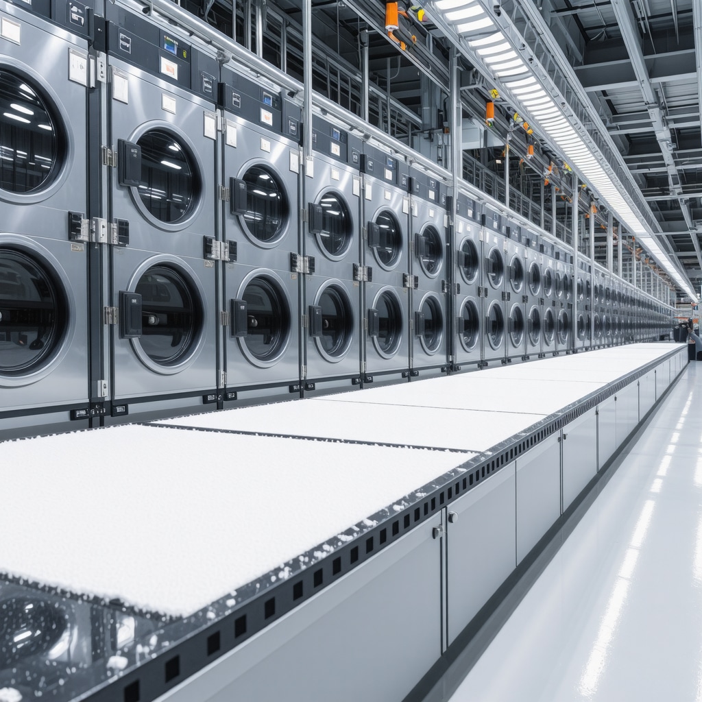 Industrial laundry with AI systems cleaning nanocoated fabrics for sustainable chemical-free fabric care