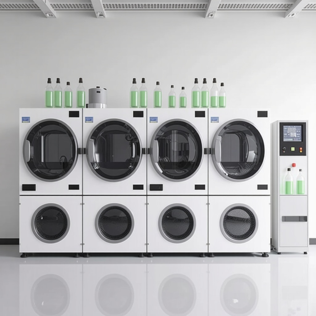 Laboratory setup with AI fabric analysis machines and eco-friendly enzyme and solvent containers