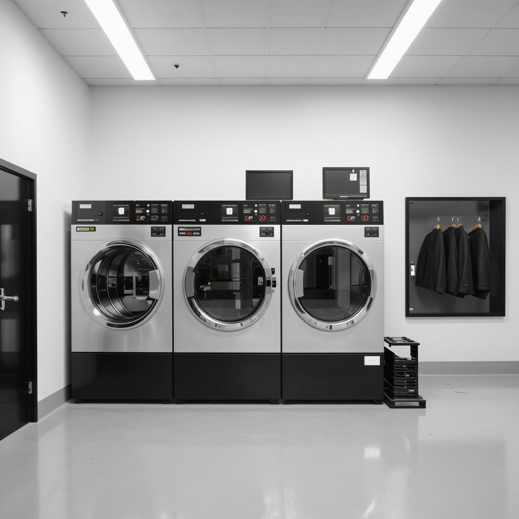 Modern eco-friendly dry cleaning facility using AI fabric analysis and enzymatic cleaning equipment near Wiregrass
