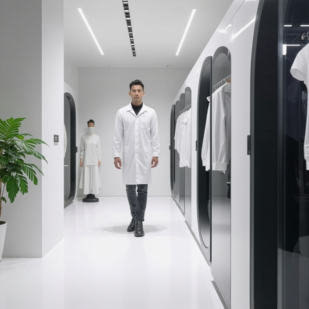 Laboratory with AI-powered hybrid cleaning machines treating luxury fabrics using eco-friendly solvents and enzymes
