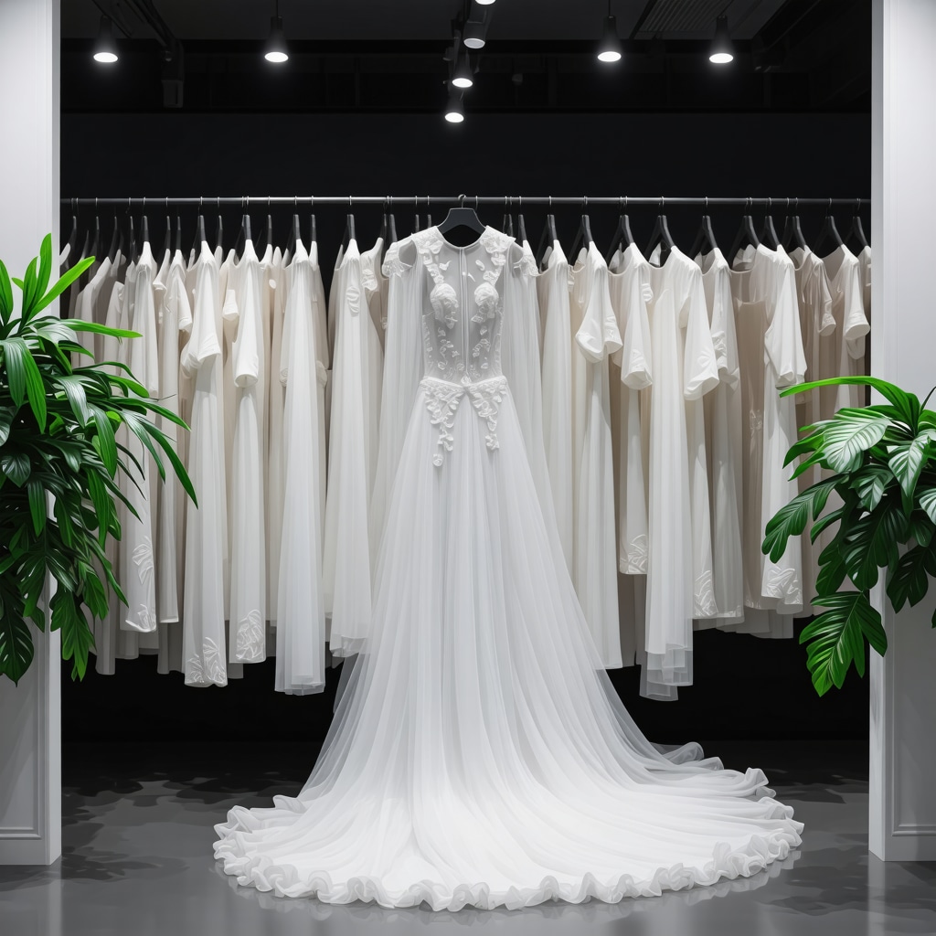 AI diagnostic equipment analyzing delicate bridal gowns in an eco-friendly dry cleaning environment
