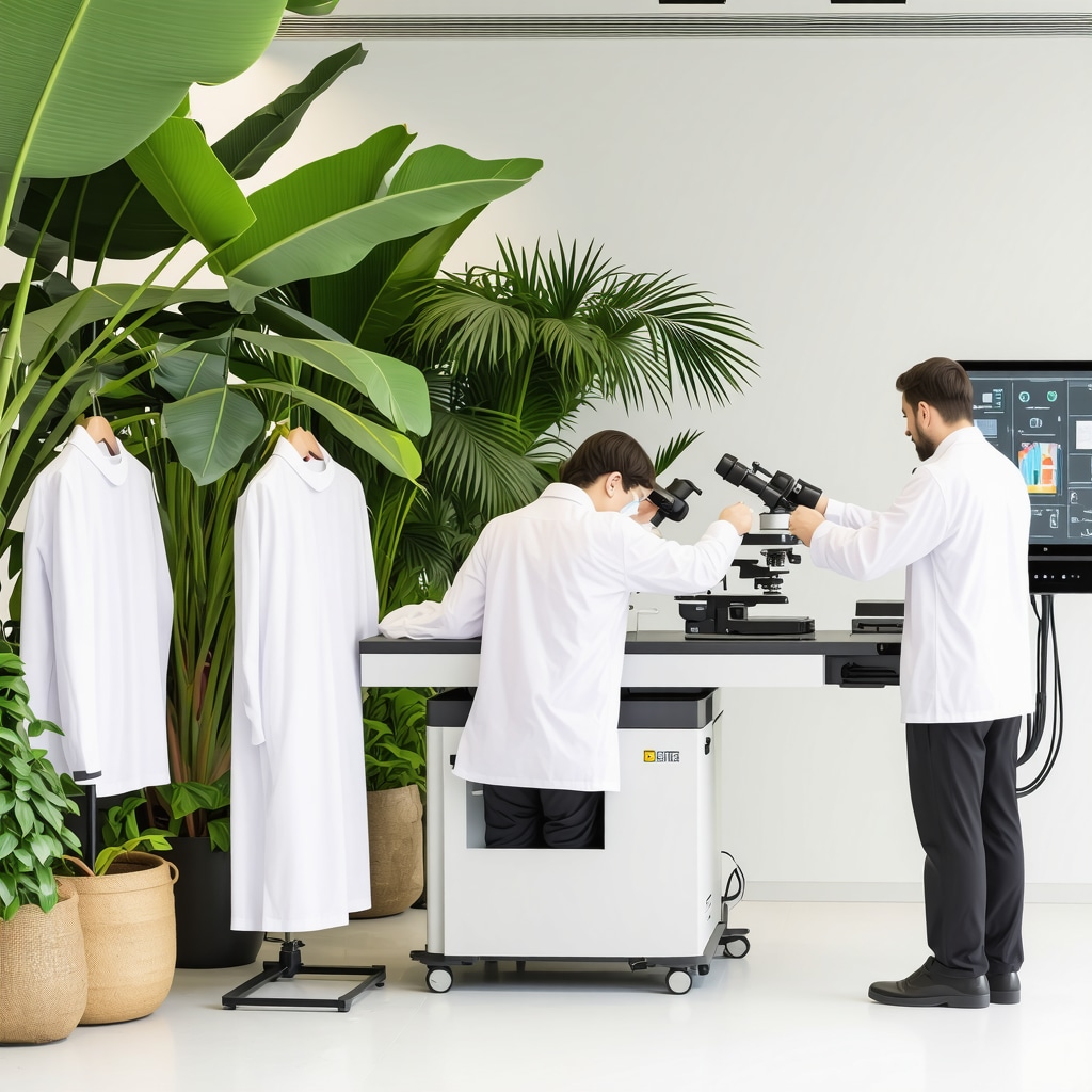Technicians using AI fabric analysis in an eco-friendly dry cleaning facility with bio-derived solvents