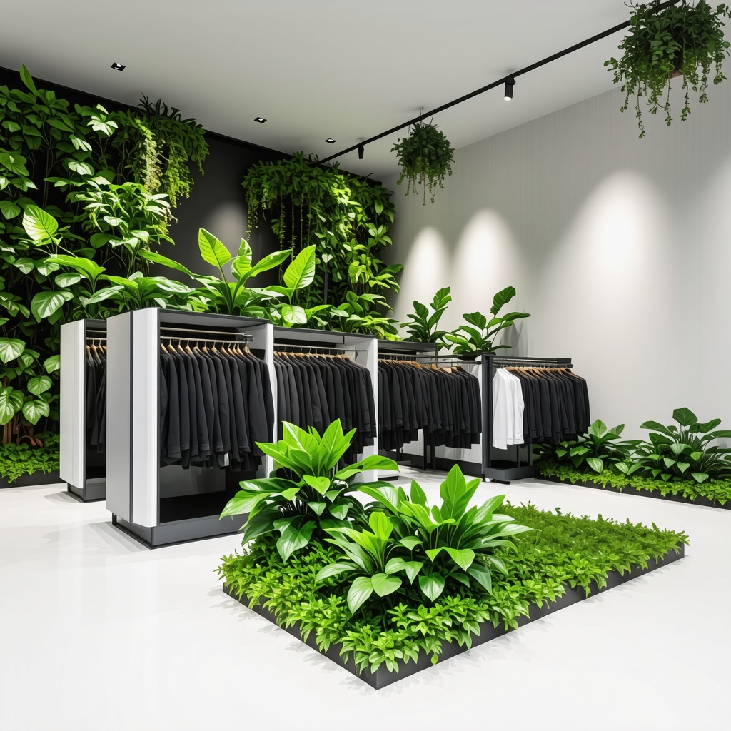 Eco dry cleaning facility with AI-powered machines and hypoallergenic plant-based solvents in a green environment