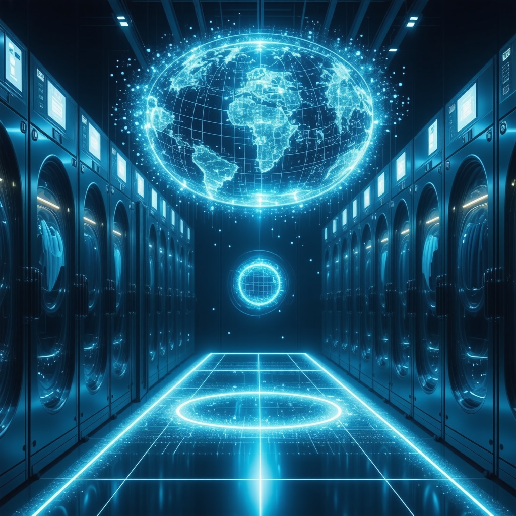 High-tech dry cleaning machines with AI and blockchain icons representing advanced sustainable textile care