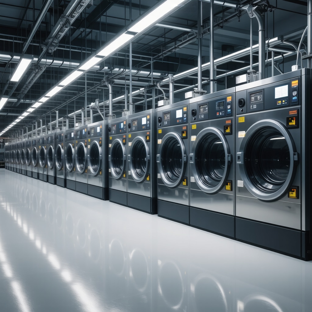 Industrial laundry with AI-IoT sensors and digital interfaces optimizing eco-friendly uniform cleaning