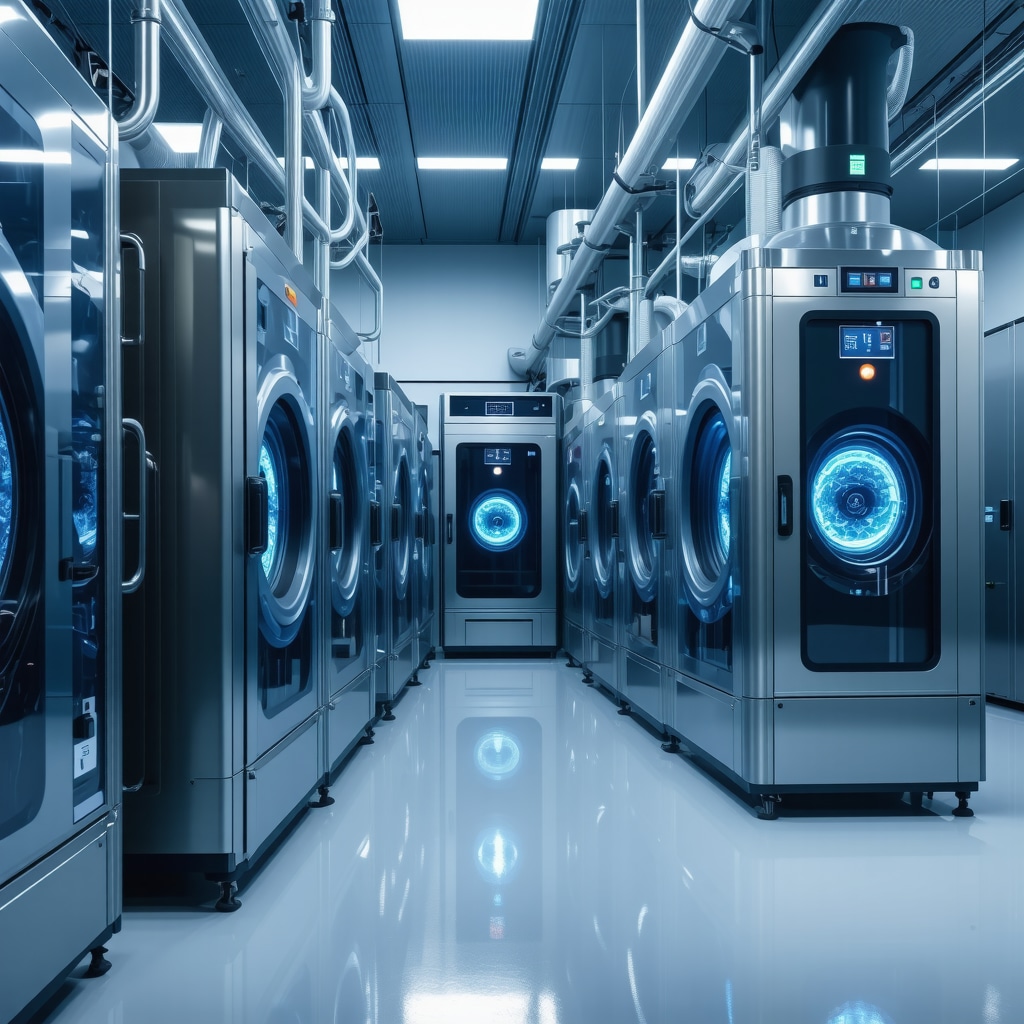 Modern dry cleaning plant integrating AI, IoT sensors, and bioremediation systems for sustainable operations