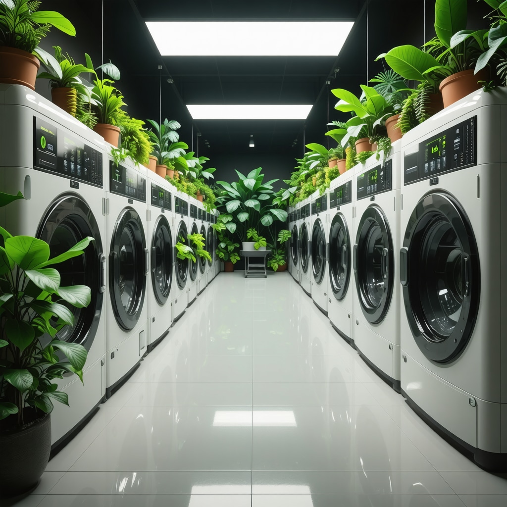 Futuristic dry cleaning machines with digital eco-metrics in a green leafy environment