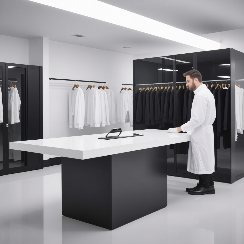 Technicians using AI and molecular technologies for eco dry cleaning luxury fabrics in a Tampa lab