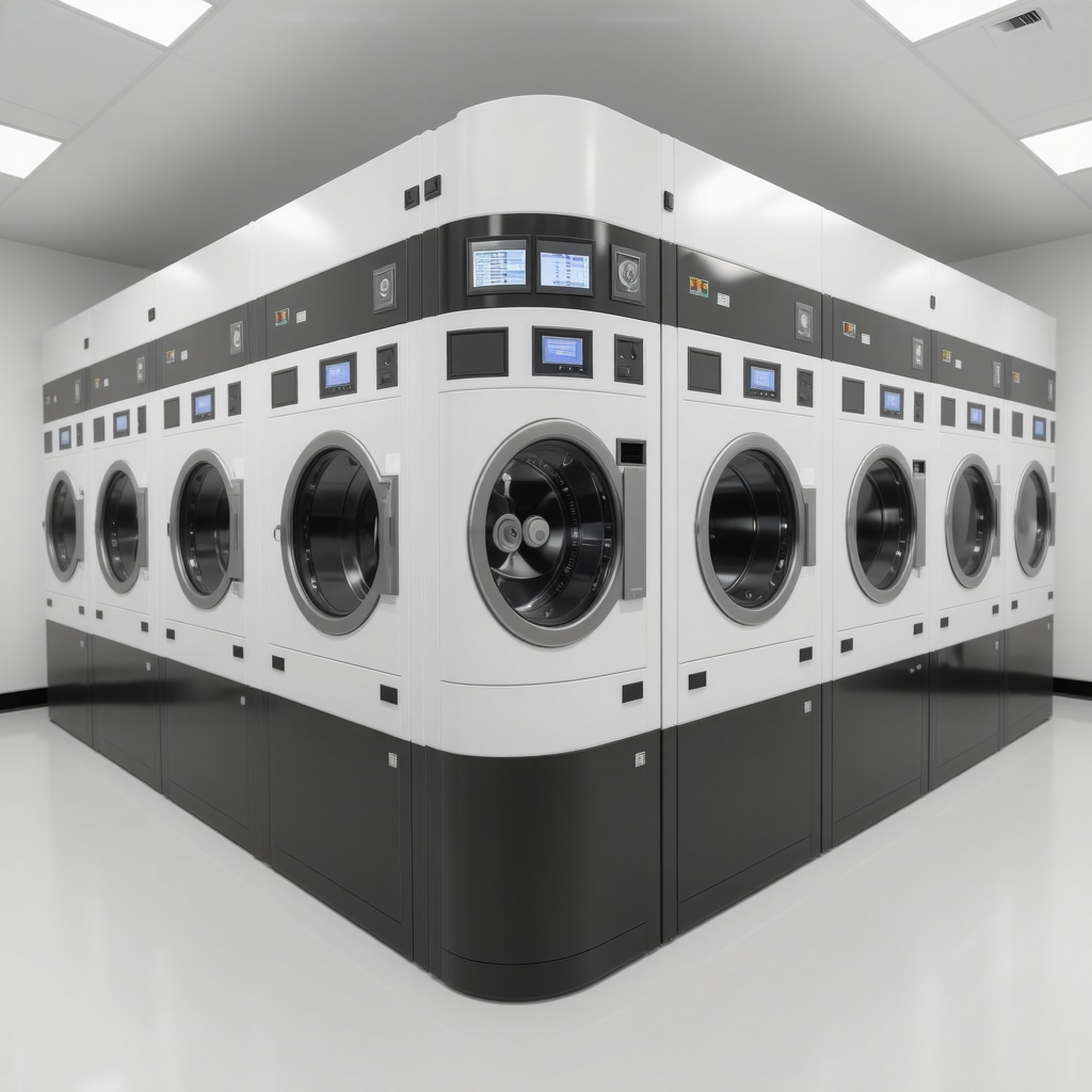 Modern dry cleaning machinery with digital sensors processing plant-based solvents in a sustainable textile care facility