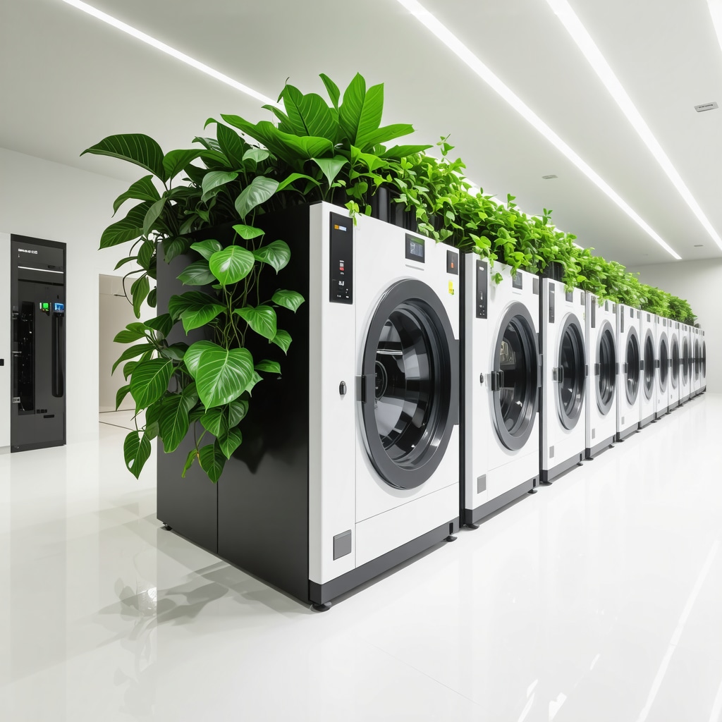 Eco dry cleaning center featuring AI fabric analytics and green solvent technology