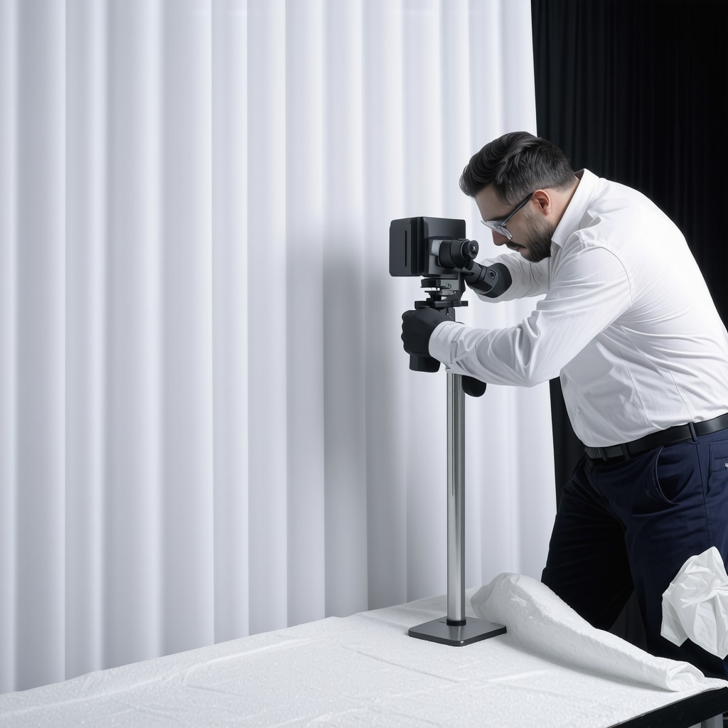 Technician using near-infrared spectroscopy for eco-friendly curtain cleaning analysis
