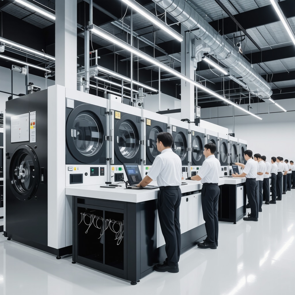 Eco-friendly dry cleaning plant showing closed-loop solvent recovery and solar panels