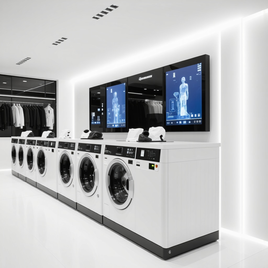 Interior of modern eco-friendly dry cleaning plant featuring filtration technology and digital IoT displays
