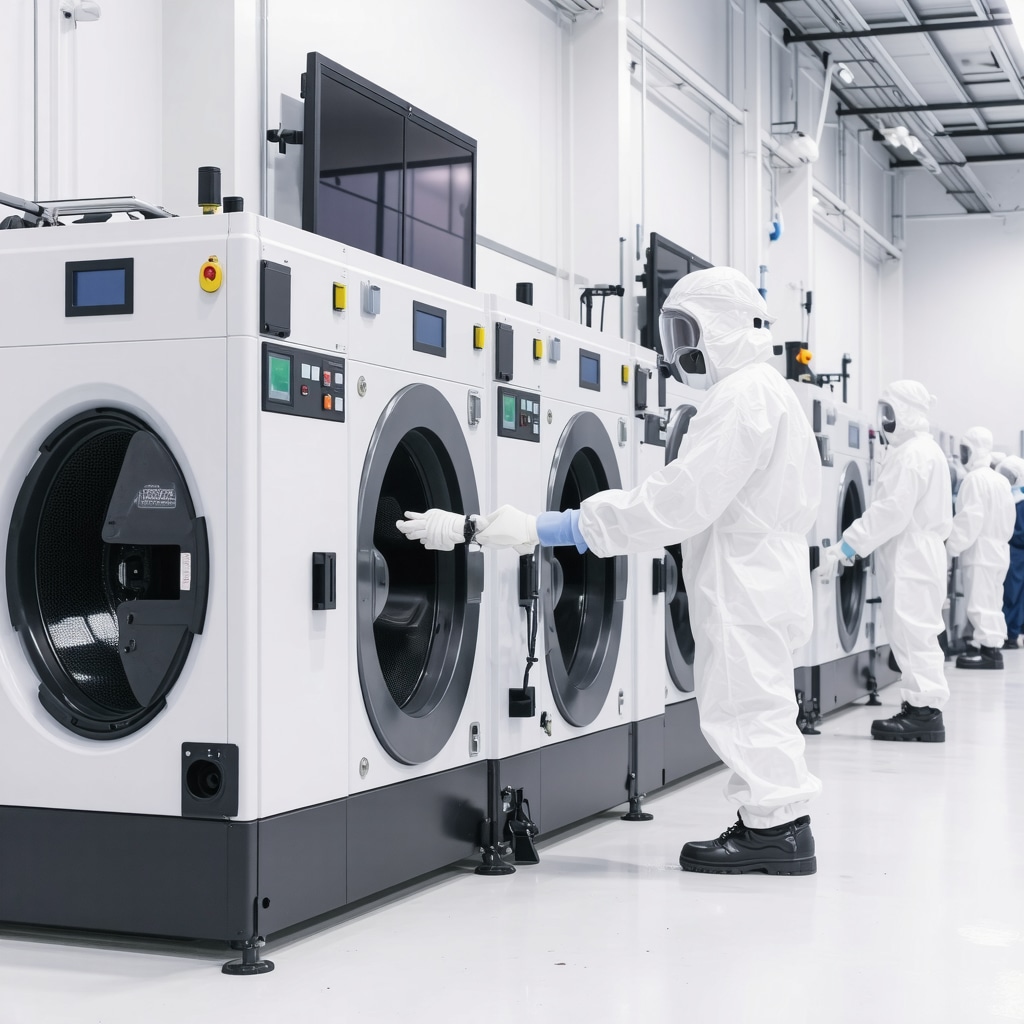 Modern dry cleaning plant in Tampa Bay equipped with IoT sensors and AI systems for sustainable PERC-free cleaning