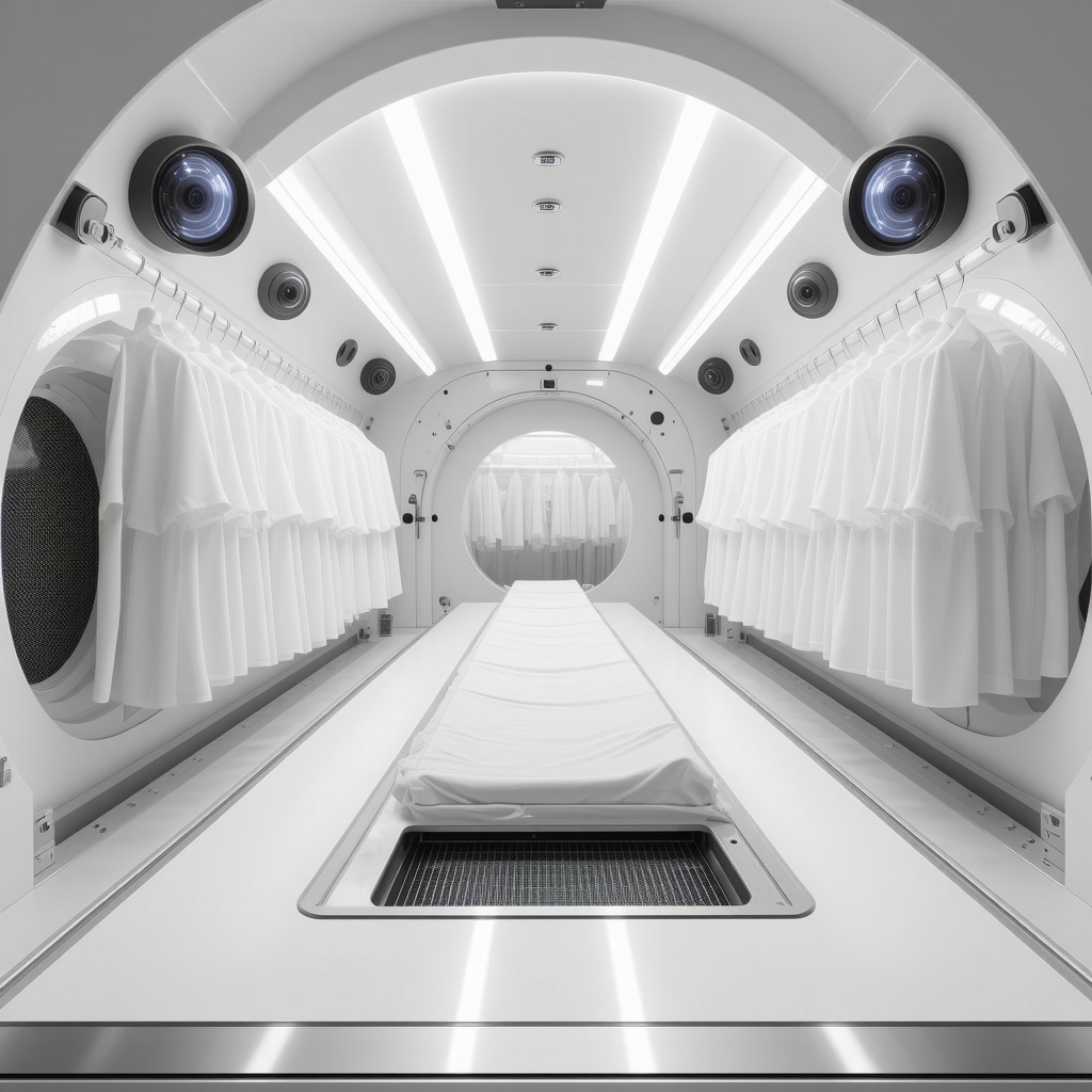 Illustration of dry cleaning machinery featuring sensors and enzymatic nano-carrier technology for shrinkage prevention