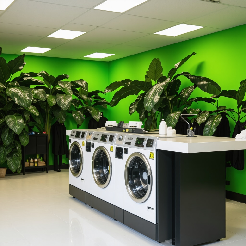 Modern Tampa dry cleaning facility featuring supercritical CO2 cleaning equipment and eco-friendly reusable garment bags