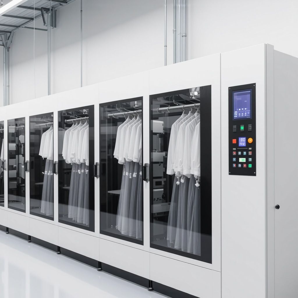 Modern eco-friendly dry cleaning equipment featuring smart sensors and solvent recycling system for delicate fabric care