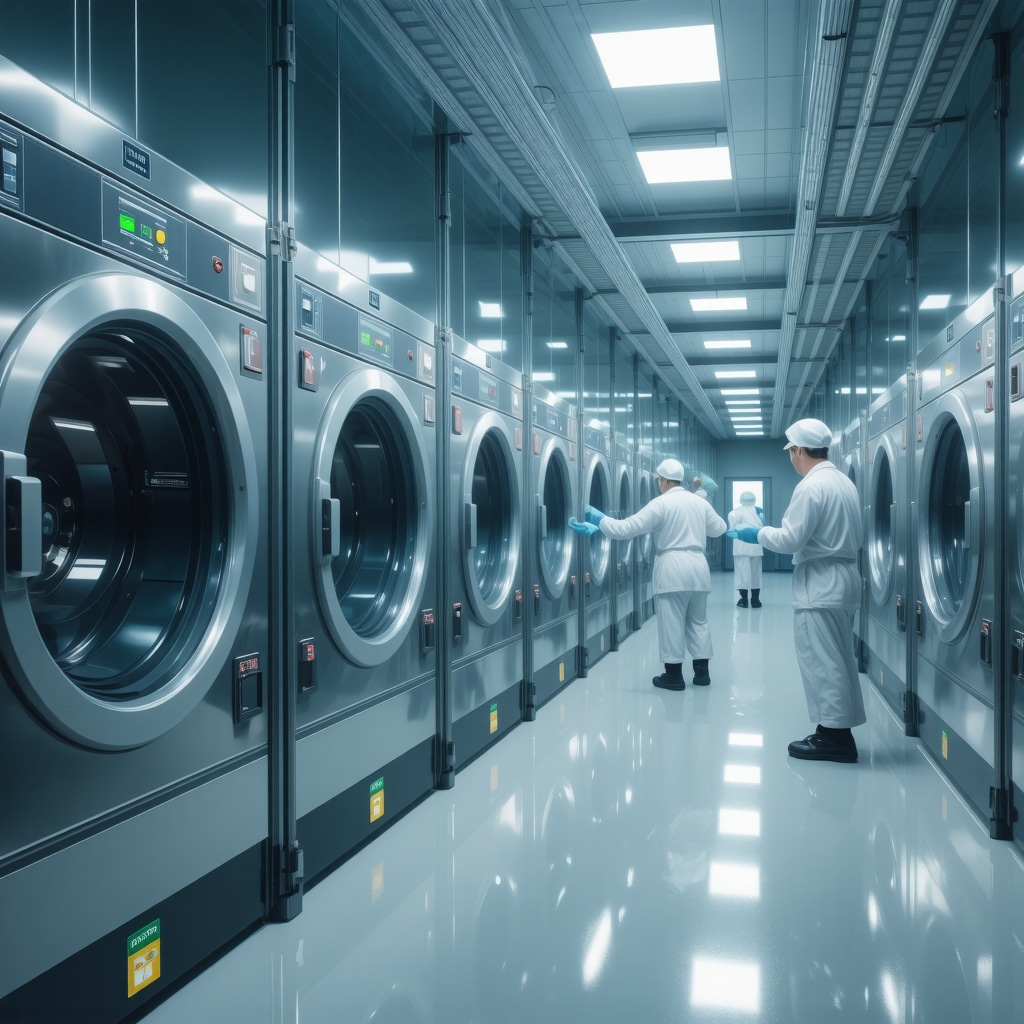 Modern eco-friendly laundry facility demonstrating enzymatic cleaning and water recycling