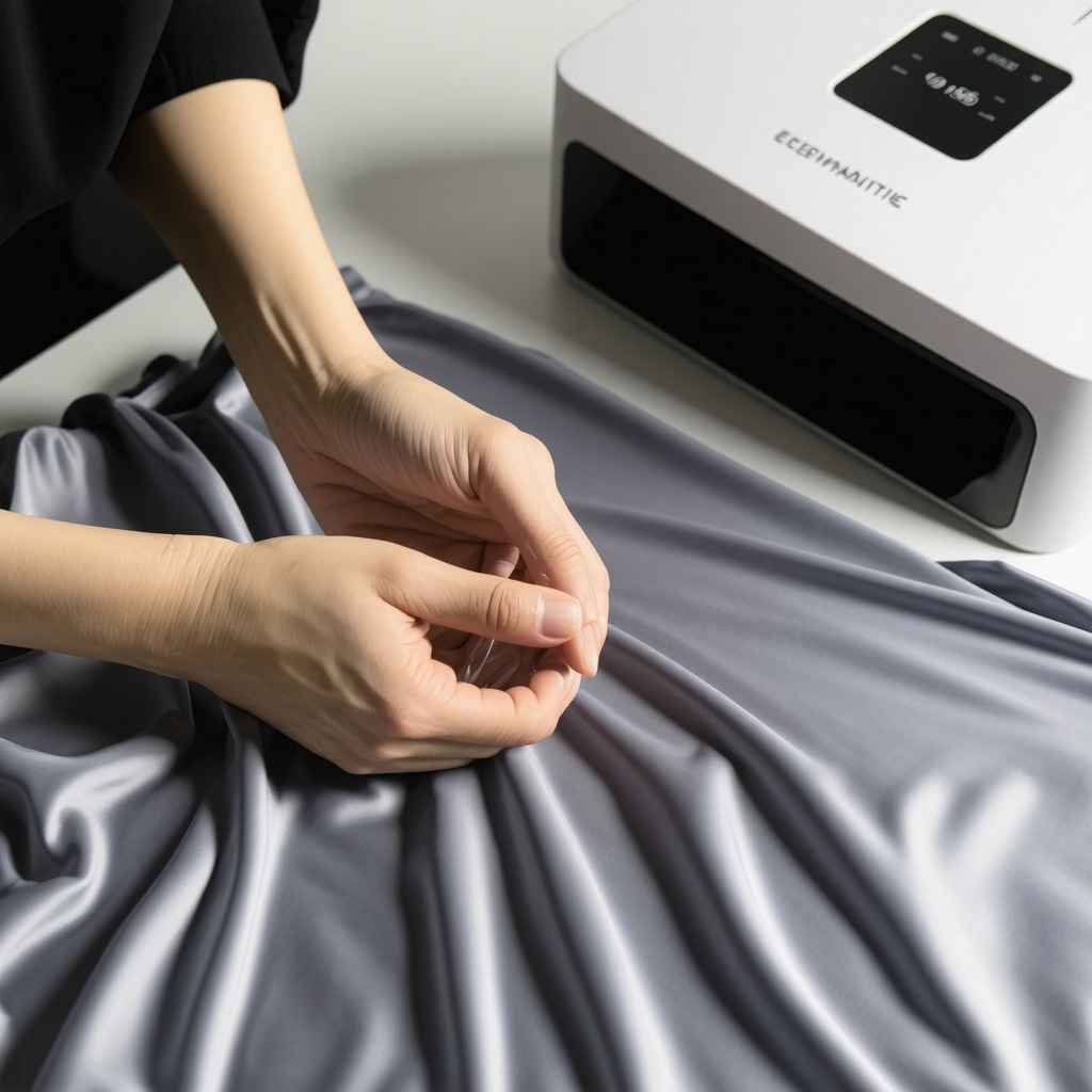 Hands applying plant-based enzymatic stain remover on silk blouse with ultrasonic cleaning device nearby