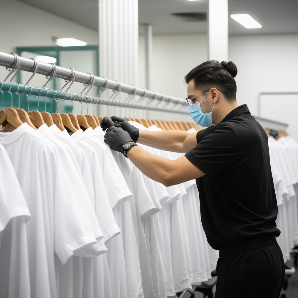 Professional dry cleaner using enzyme-based green cleaning technology on delicate fabrics in an eco-certified facility
