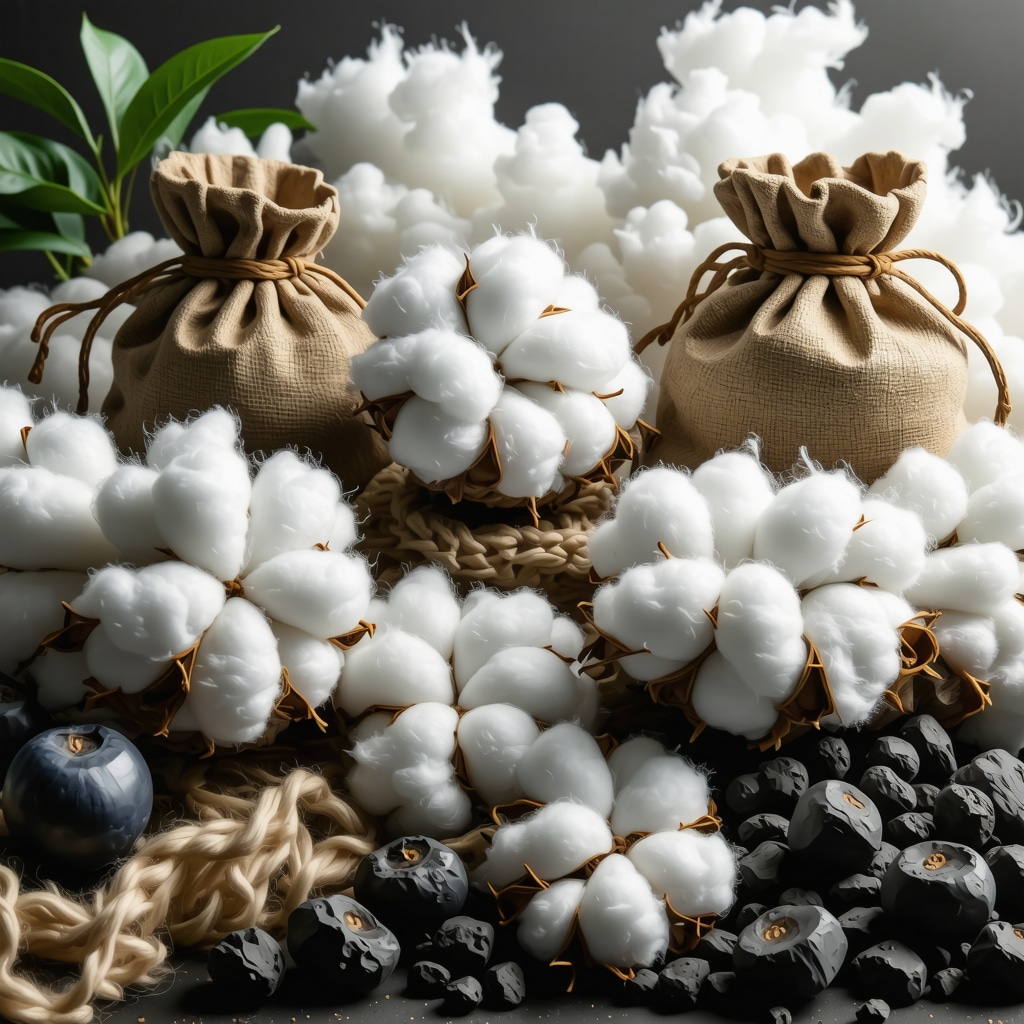 Close-up of organic cotton fibers with enzyme molecules and charcoal storage bags representing innovative sustainable fabric care
