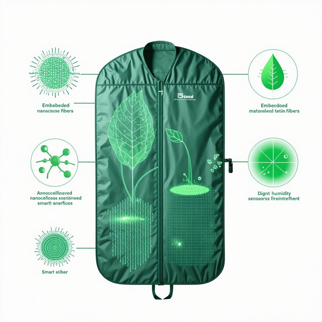 Illustration of green garment bag integrated with nanotechnology and digital twin monitoring system