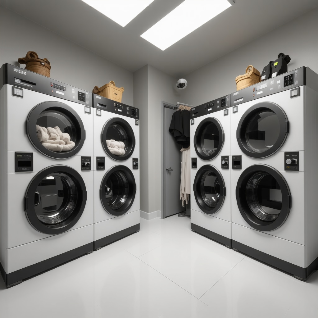 Modern hypoallergenic dry cleaning machines processing baby clothes with eco-friendly certifications visible