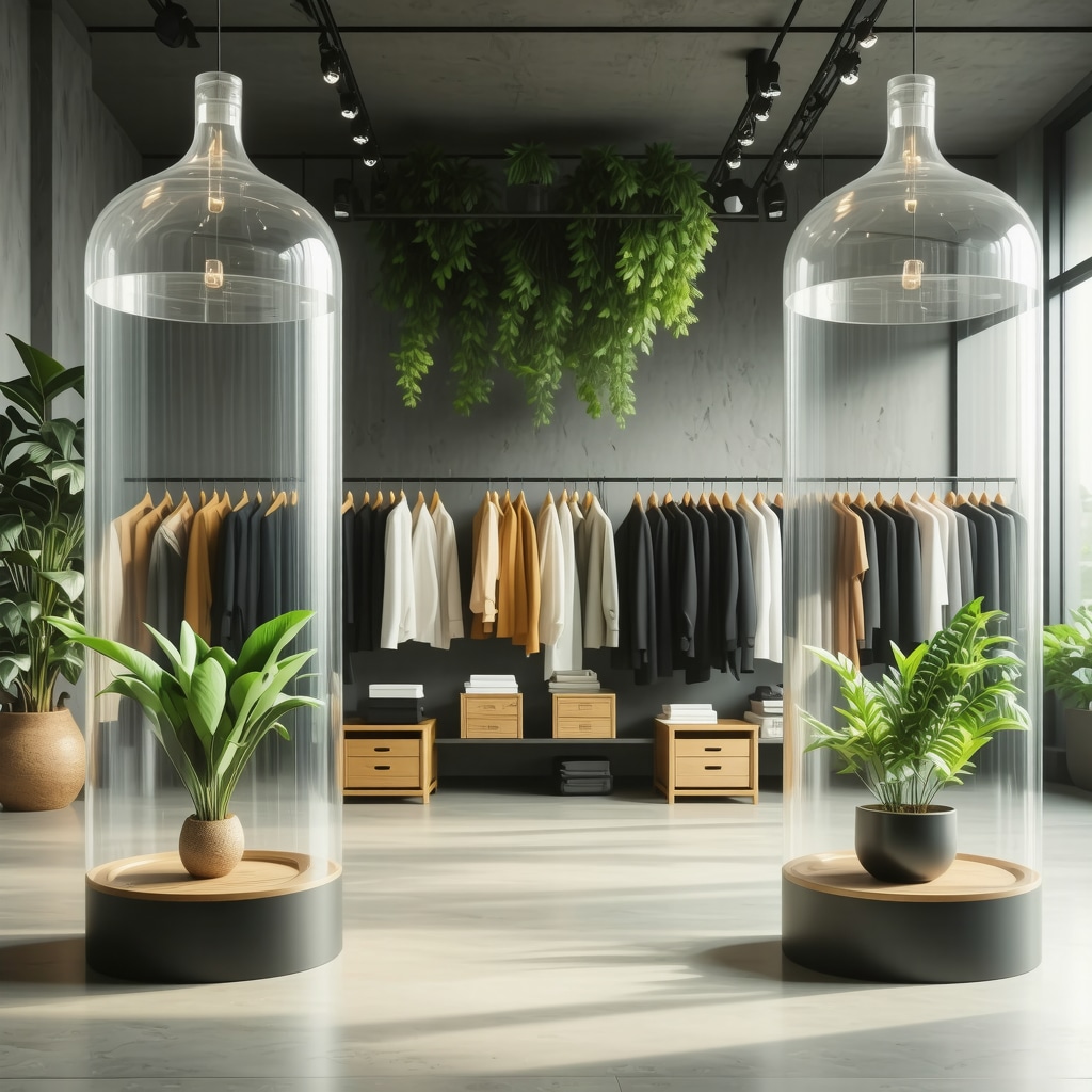Modern eco-friendly dry cleaning equipment with plant-based solvents and delicate professional workwear being carefully handled