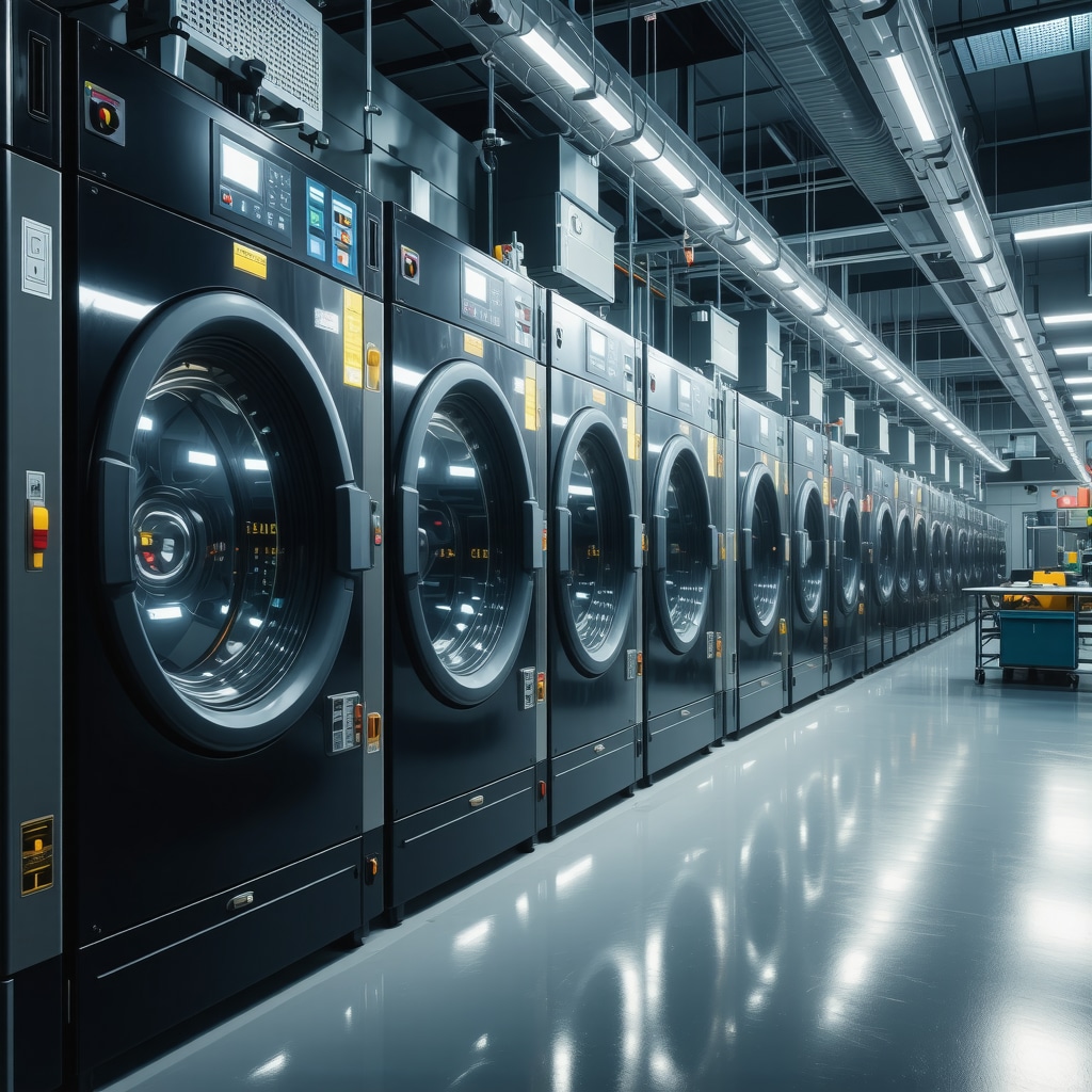 High-tech sustainable dry cleaning machines with IoT sensors and green solvent tanks in Tampa