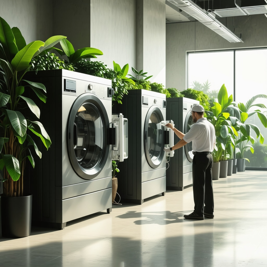 Technicians operating AI and IoT-enabled eco-friendly dry cleaning equipment in Tampa
