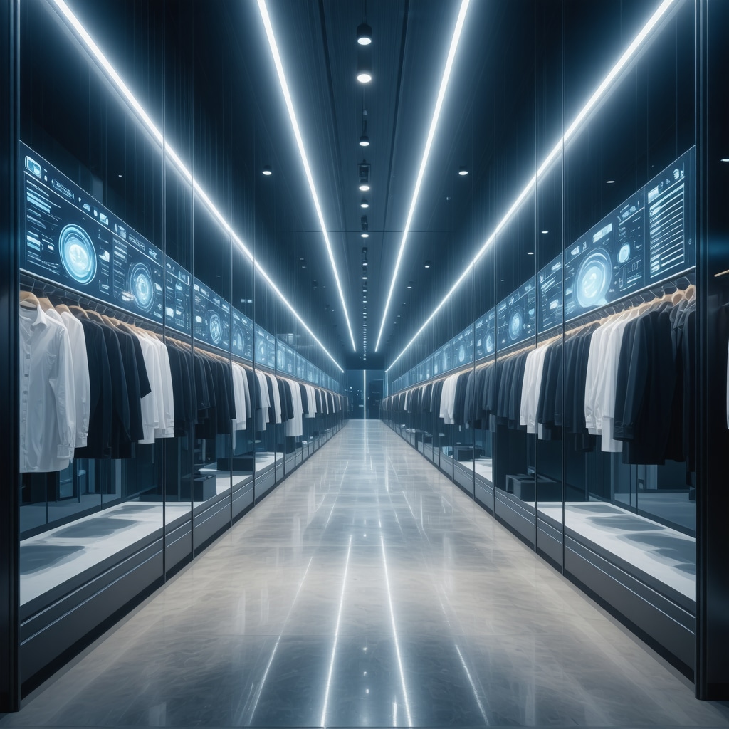 Interior of a modern eco-friendly garment care plant with enzymatic cleaning equipment and digital blockchain data displays